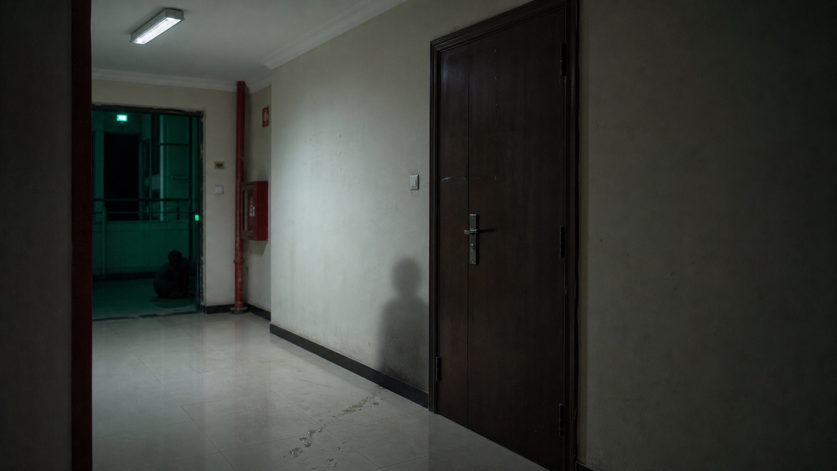 A dim apartment corridor with a closed steel door, a wet trail across the tiled floor, and a figure crouched in the green-lit stairwell beyond